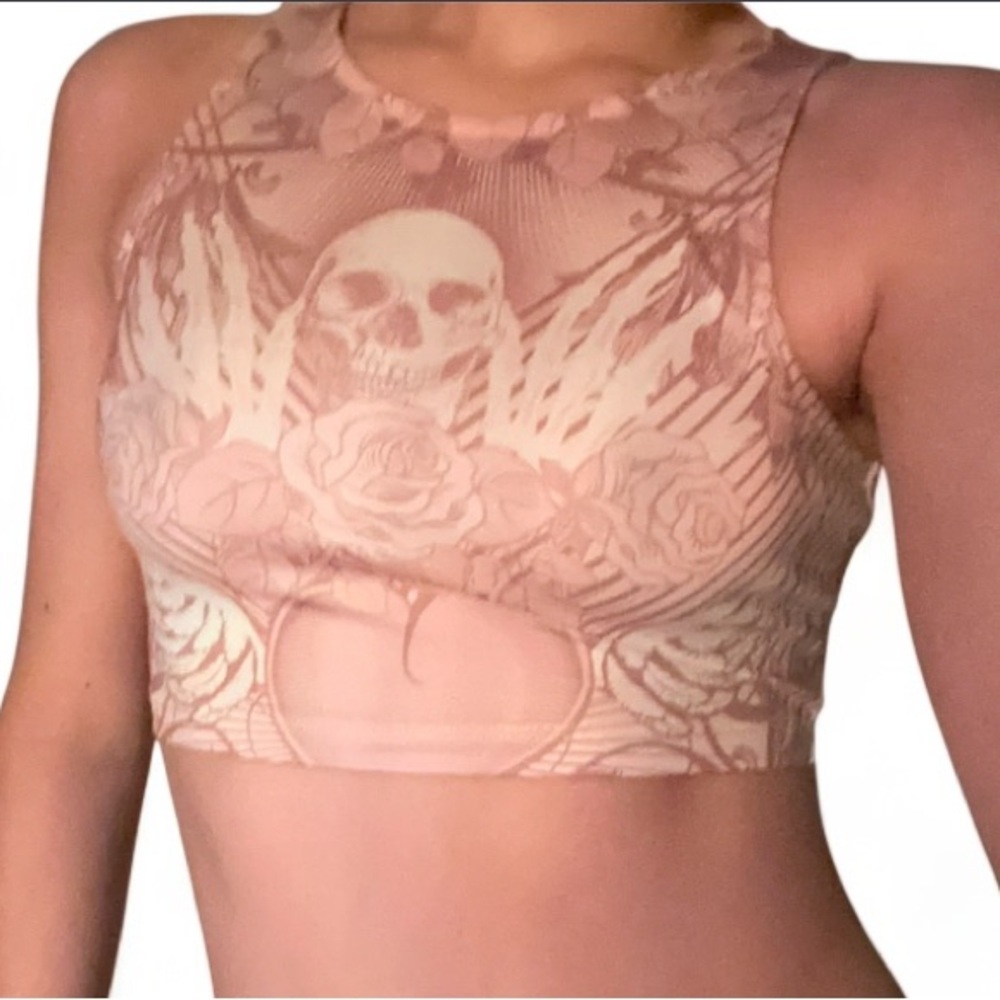 cropped skull silky tank top pink